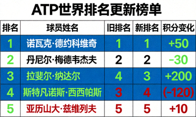 ATP世界排名更新榜单展示图，突显排名变化